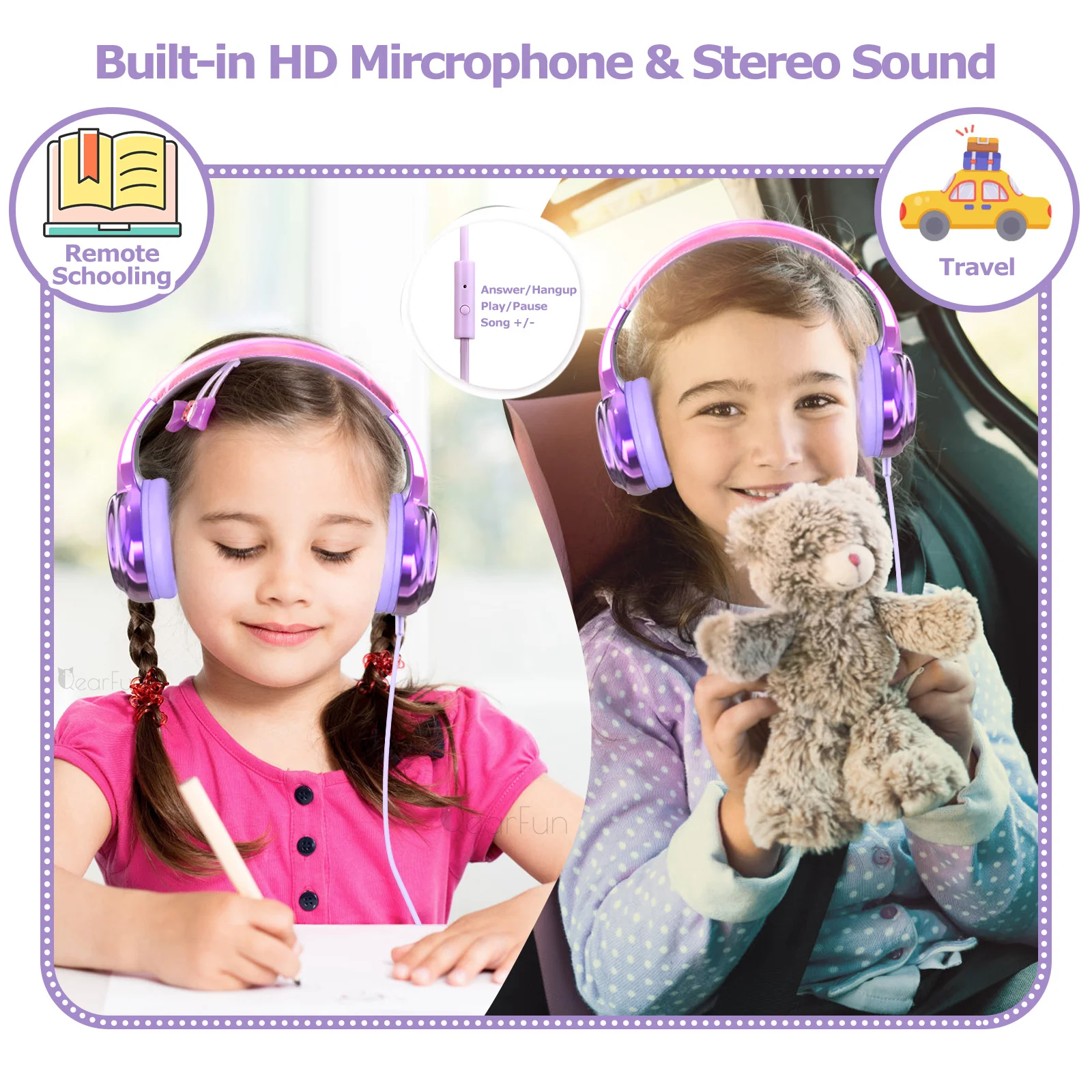 Kids Headphones With Microphone Girls Wired Headphones Adjustable Stereo Headset Children Headphones for School Tablet Kids Gift