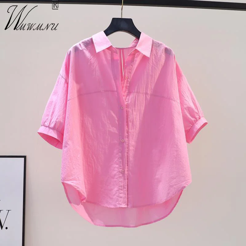 Candy Color Short Sleeve Summer Blouses Women Oversize 3xl Hole Design Thin Cotton Shirts Korean Fashion Loose Casual Blusas