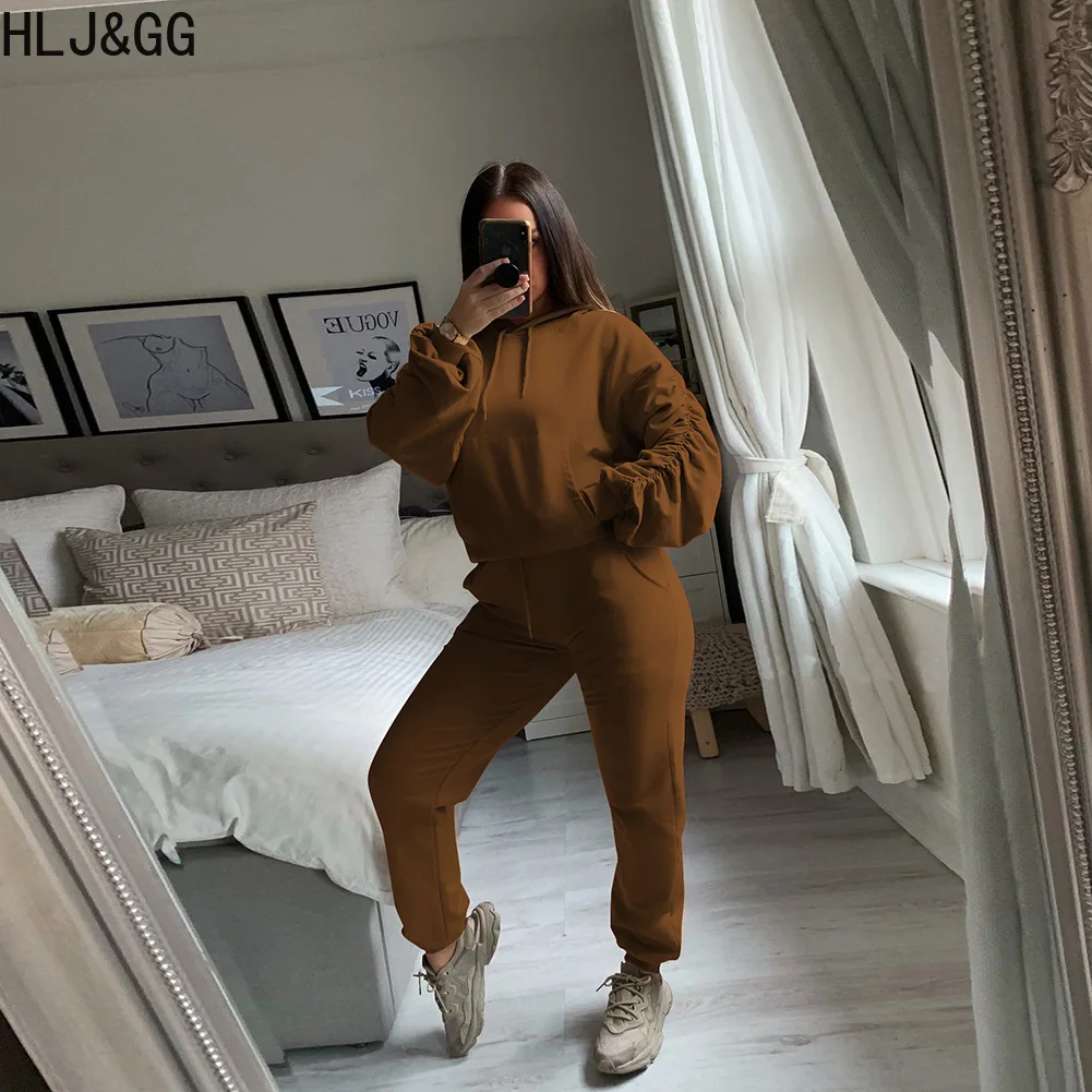 HLJ&GG Autumn Winter Casual Hooded Tracksuits Women Long Sleeve Sweatshirt And Jogger Pants Two Piece Sets Female Sporty Outfits