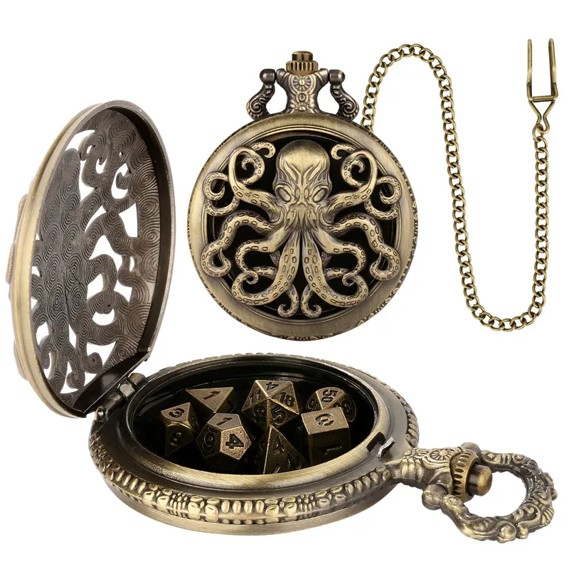 7 teile/satz Metall Polyedrische Würfel Set mit Hohl Octopus Taschenuhr Fall Fob Kette Gaming Würfel Zubehör für Rolle Spielen – Detail 2