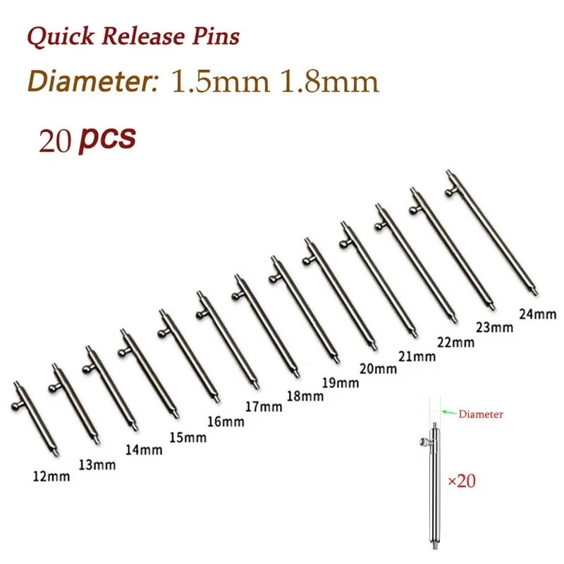 Quick Release Stainless Steel Watch Band Spring Bars - 20pcs, Multiple Sizes