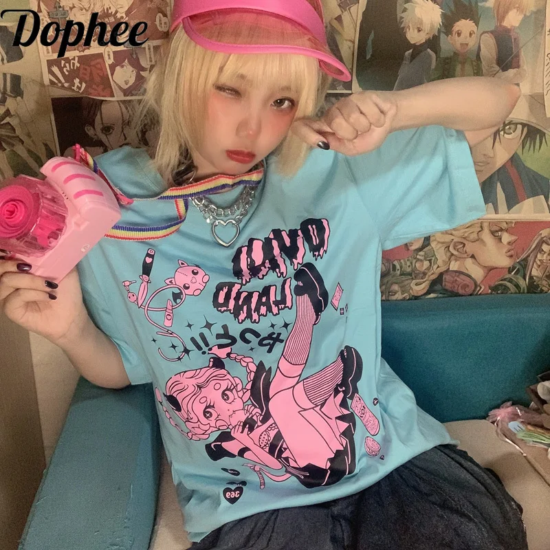 

Dophee Original Comic Printing Women Tshirts 2024 New Summer Harajuku O-neck Short Sleeve Tees Y2k Spice Girls Loose Cotton Top