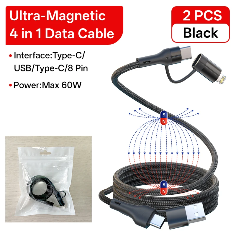 Magnetic 4-in-1 60W Fast Charging Cable, 2M USB-C to 8-Pin Data Cable