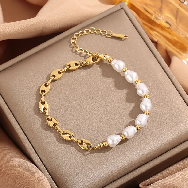 

European Pearls Titanium Steel Bracelet Chain 18K Gold Plated Waterproof Anti Allergy Jewelry for Women Daughter Sister Mother