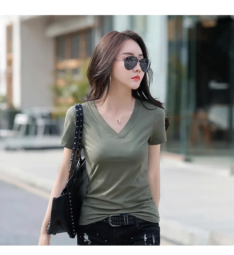 White V-neck Sleeved T-shirt for Women's Summer Wear 2024 New Korean Version Loose Half Sleeved T-shirt Short Upper Garment