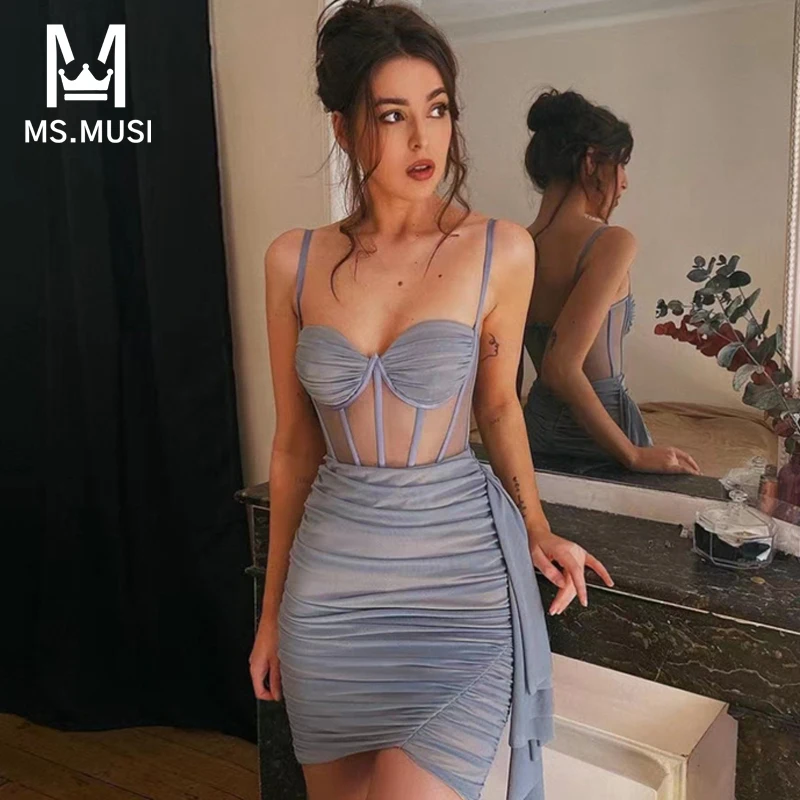 

MSMUSI 2023 Newest Fashion Designer Women Sexy Strap Corset Lace Mesh Draped Fold Hollow Out Bodycon Party Club Event Mini Dress