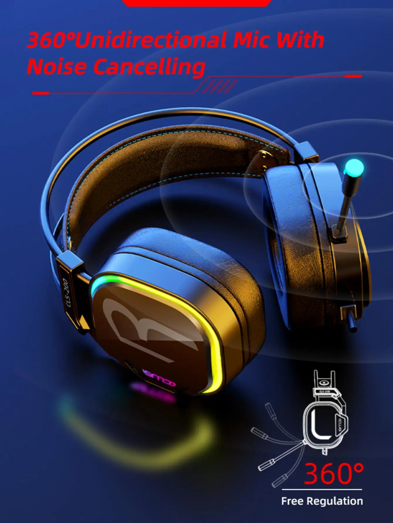 COLUSI CLS-200 게임용 헤드셋, 스테레오 서라운드 사운드 헤드셋 유선 PC 게임용 헤드폰(소음 제거 마이크 포함), PC/MAC/PS4/PS5/스위치/Xbox one용 오버이어 게임용 헤드폰(어댑터