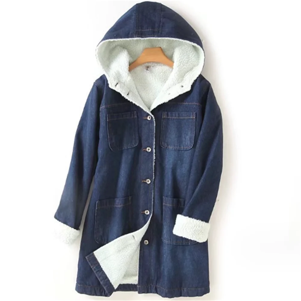 

Winter new fashion pocket cuff plush -long hooded denim coat women