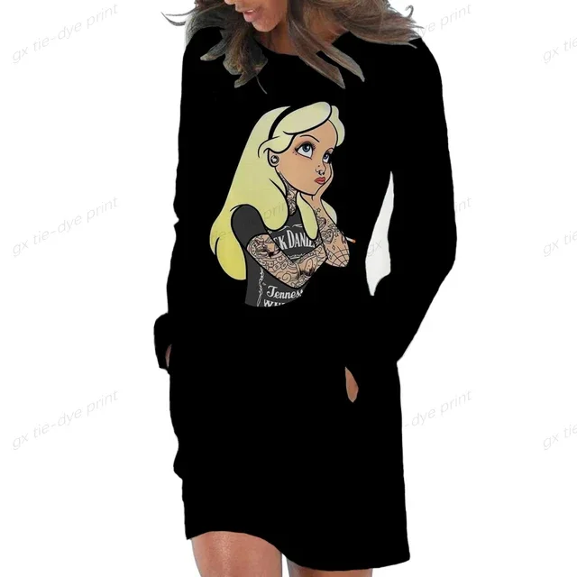 thumbnail image 1 of Vestido con capucha de princesa punk de Disney para mujer, vestido con bolsillos a la moda, minivestidos a la cadera para mujer, tallas grandes, 1 of 5