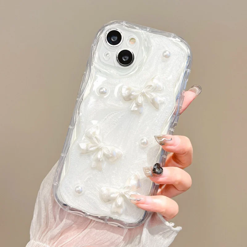 Chic 3D Pearl Bow Wavy Phone Case - Soft Shockproof Bumper Protective Cover