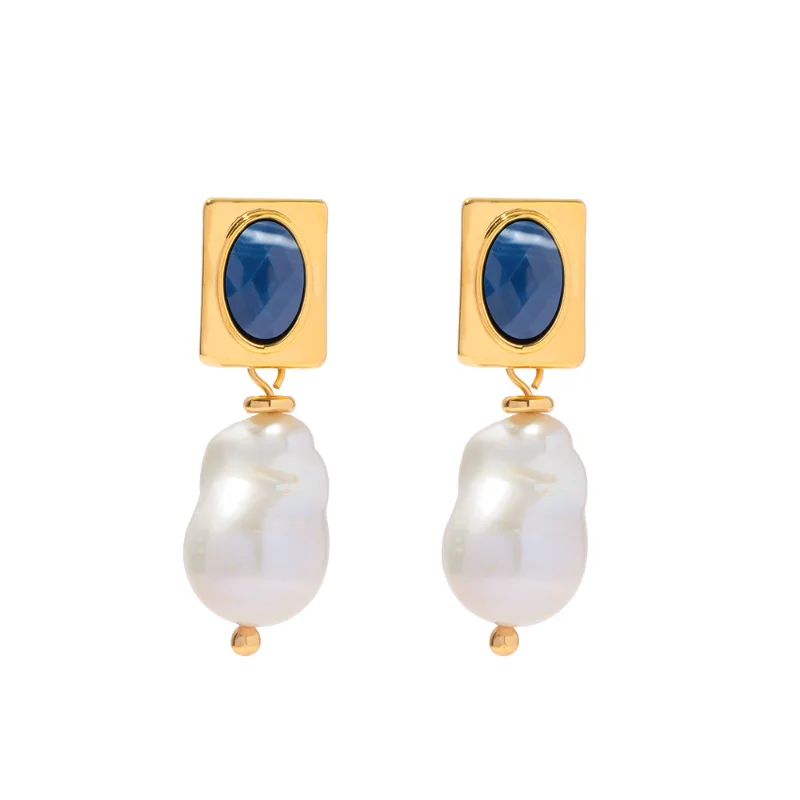 

ALLNEWME High Quality Baroque Freshwater Pearl Long Drop Earrings for Women 18K Gold PVD Plated Stainless Steel Lapis Earring