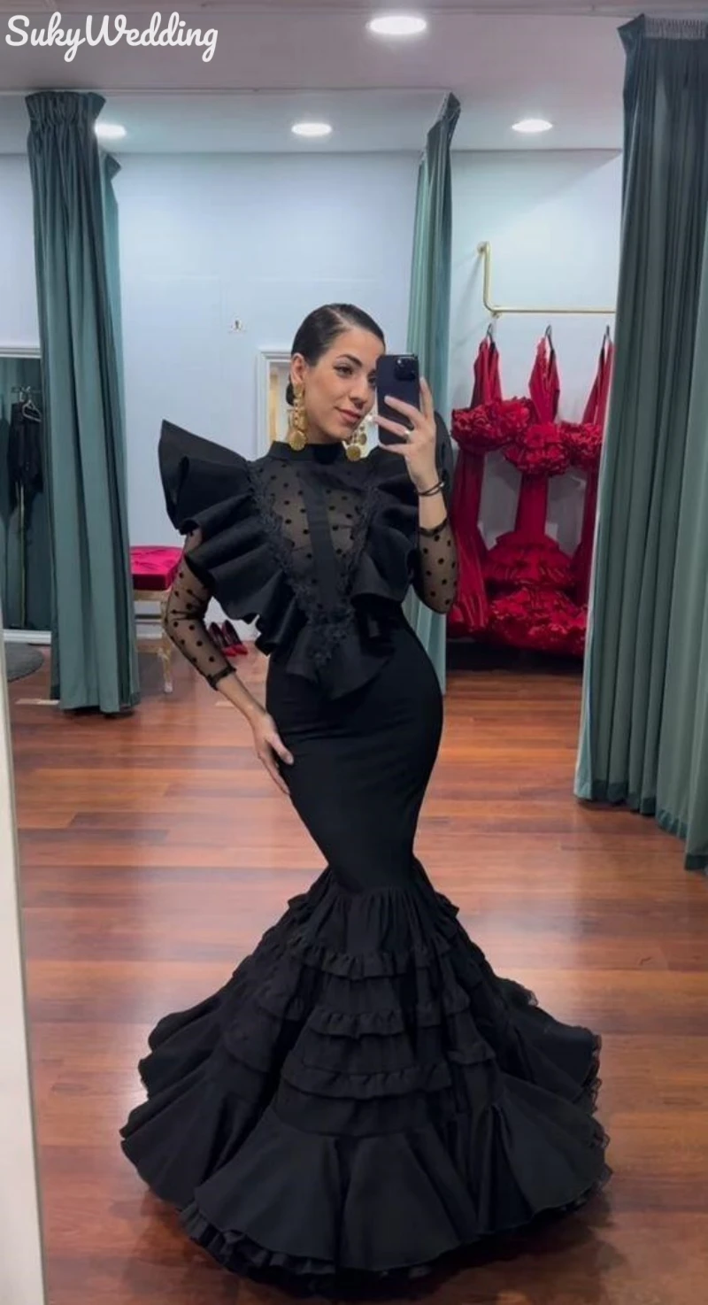 フラメンコドレス ブラック ベルベット　スペイン製 Black Lace Flamenco Dress Retro Palace Mermaid Prom Dresses