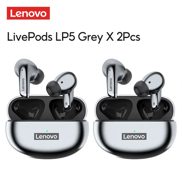 Lenovo LP5 Wireless Headphone TWS Bluetooth Earphones 9D Stereo Sport Headset Waterproof Bass Earbuds Touch Control with Mic LP5 Gray 2pcs