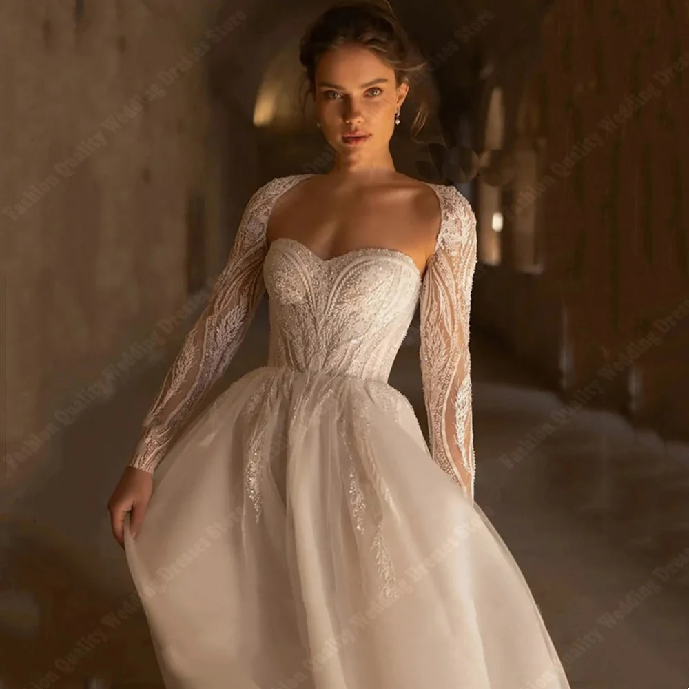 Elegant  Long Sleeves Women Wedding Dresses Sweetheart Collar Bride Gowns Wedding Dress Hems Mopping Length Vestidos Customized 3