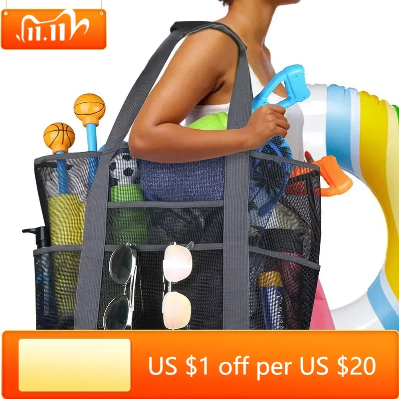 

Летняя большая пляжная сумка для полотенец с 8 карманами, сетчатая прочная пляжная сумка для игрушек, водонепроницаемая сумка-тоут для нижнего белья с карманами