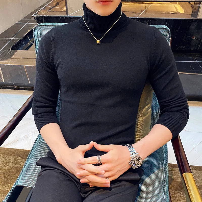 Men's High Quality Pullover Casual Knitted Sweater/Male Slim Fit High Collar Fashion Tight Knit Shirt/Man Knit Sweaters Clothing
