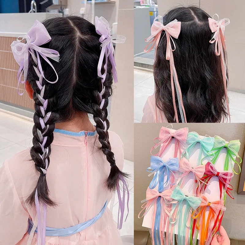 

New Children's Ribbon Bow Hair Clip Braided Hair Net Red Fringe Hair Accessories Tied Hair Long Headwear Ribbon Fairy Hair Rope