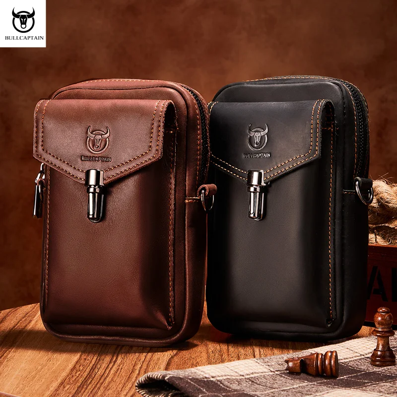 Man Leather|men's Crazy Horse Leather Waist Bag - Genuine