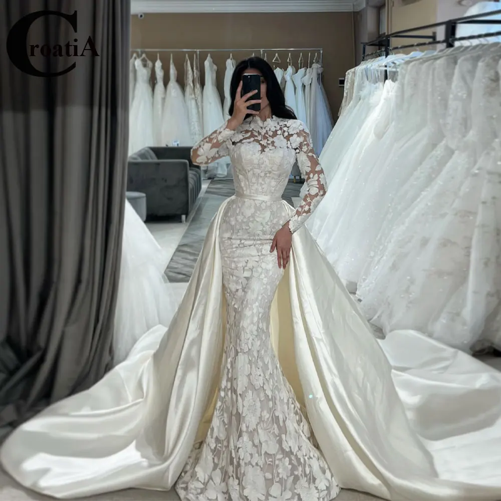 Croatia Delicate Lace Appliques Wedding Dresses For Women Mermaid Long Sleeves High Neck Illusion Vestidos De Novia Customized 1