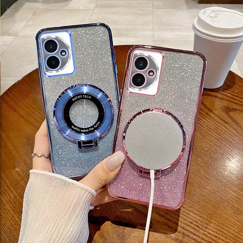 

HONOR100 90 Cover For HONOR 100 Pro 90 GT 80 SE 70 60 50 30 Lite 30S 20 Glitter Magnetic Wireless Charging Stand Holder Case
