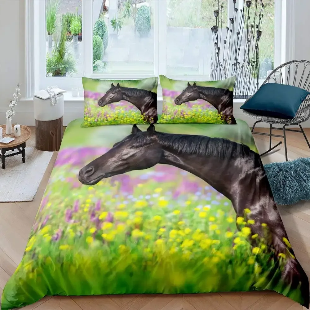 3D Pferd Bettbezug King Queen Size Gelbe Sonnenblume Bettwäsche Set Floral Tier Thema Bettbezug Wildlife Weiche Tröster Abdeckung – Detail 9