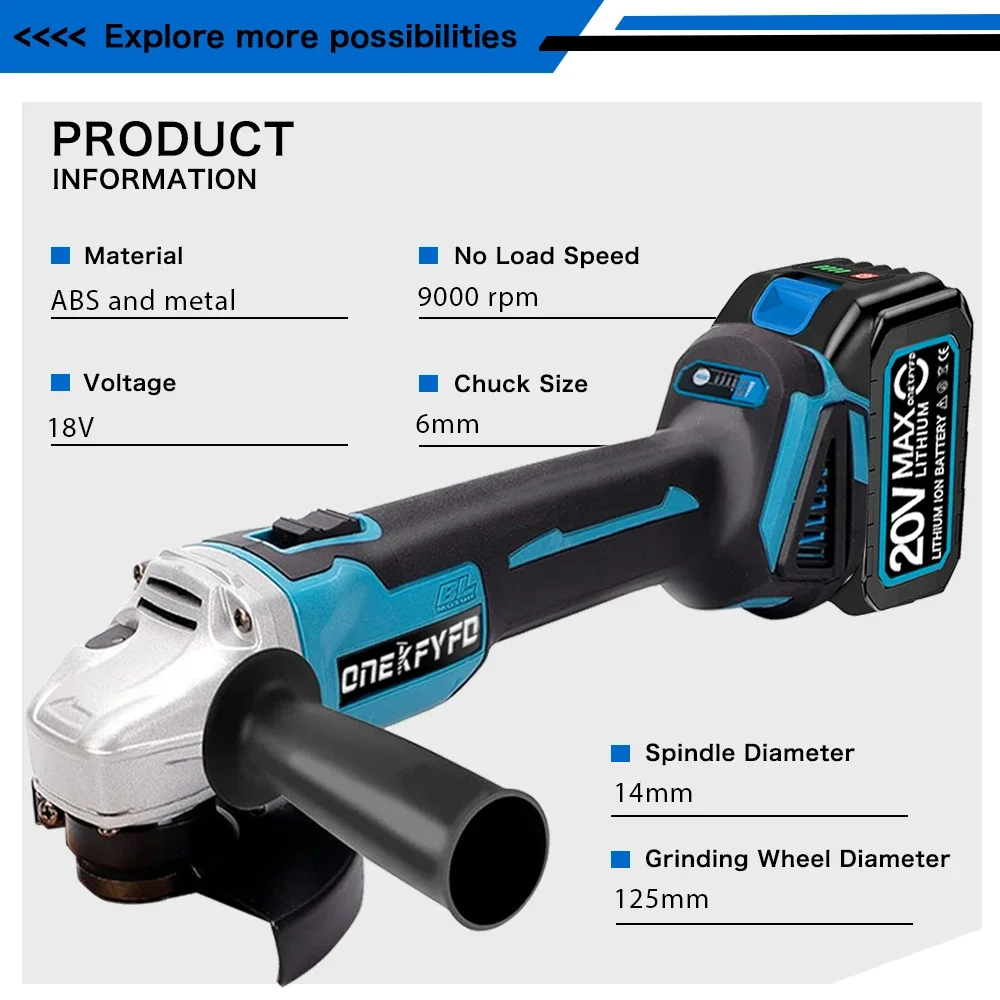 ONEKFYFD 125mm Cordless Wireless Brushless Rechargeable Electric Angle Grinder Grinding Machine Tool For Makita 18V Battery 2
