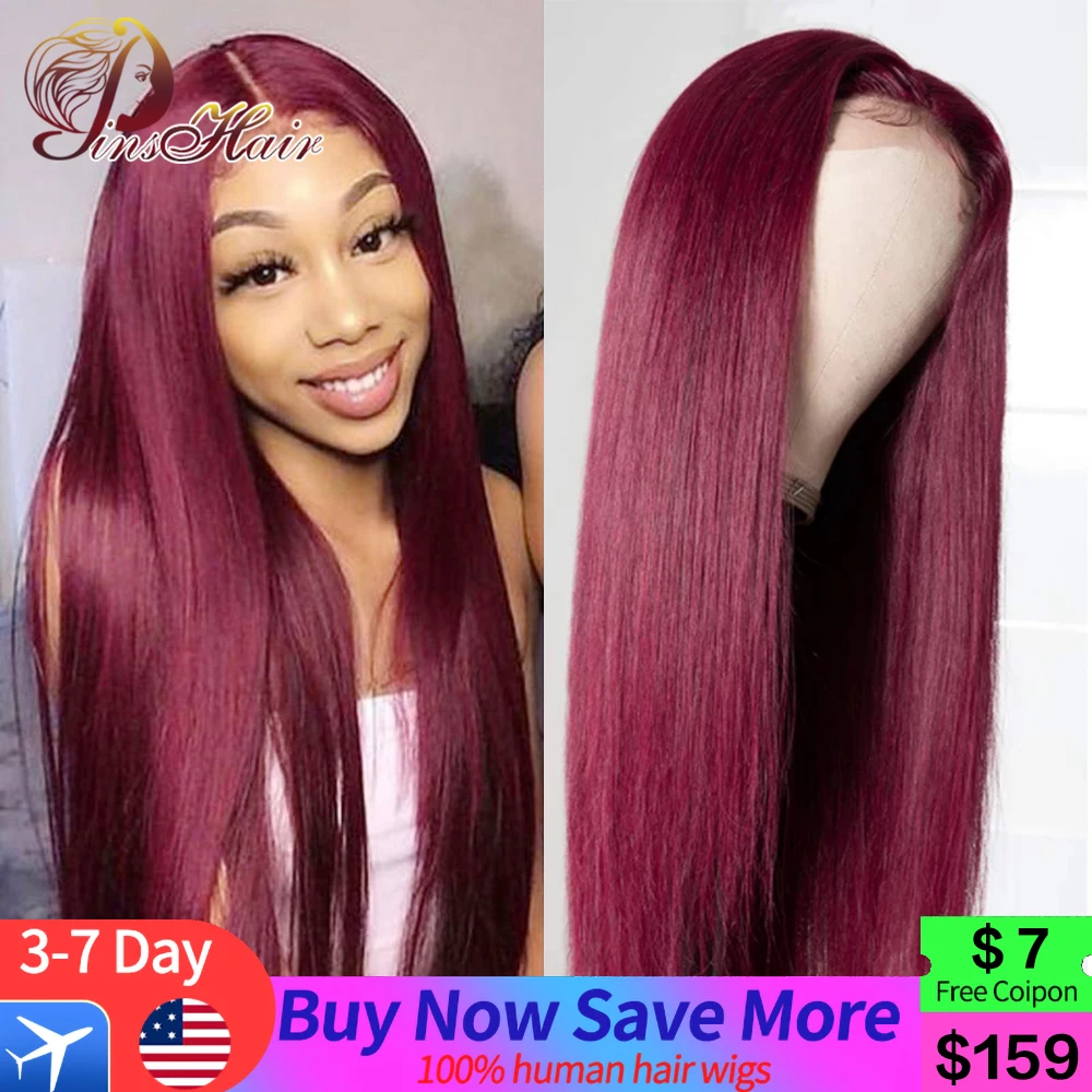 Burgundy 99J Bone Straight Transparent Lace Front Human Hair Wigs Red Color Pre Pluck Human Hair 13x1 Deep T Part Wig For Women