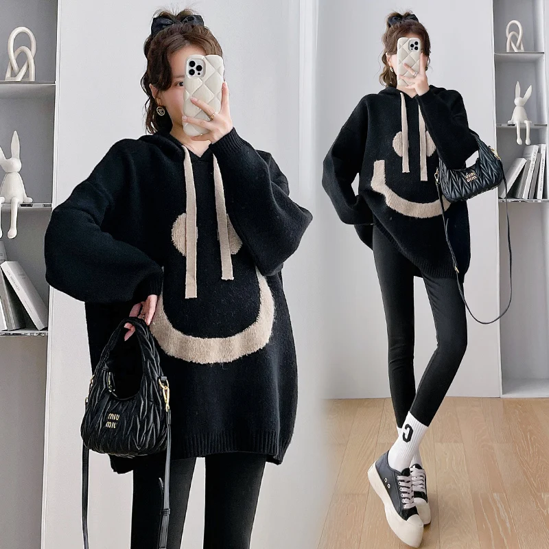 8005# Autumn Winter Knitted Maternity Sweaters Hoodies Loose Shirts Clothes for Pregnant Women Pregnancy Coats Tops