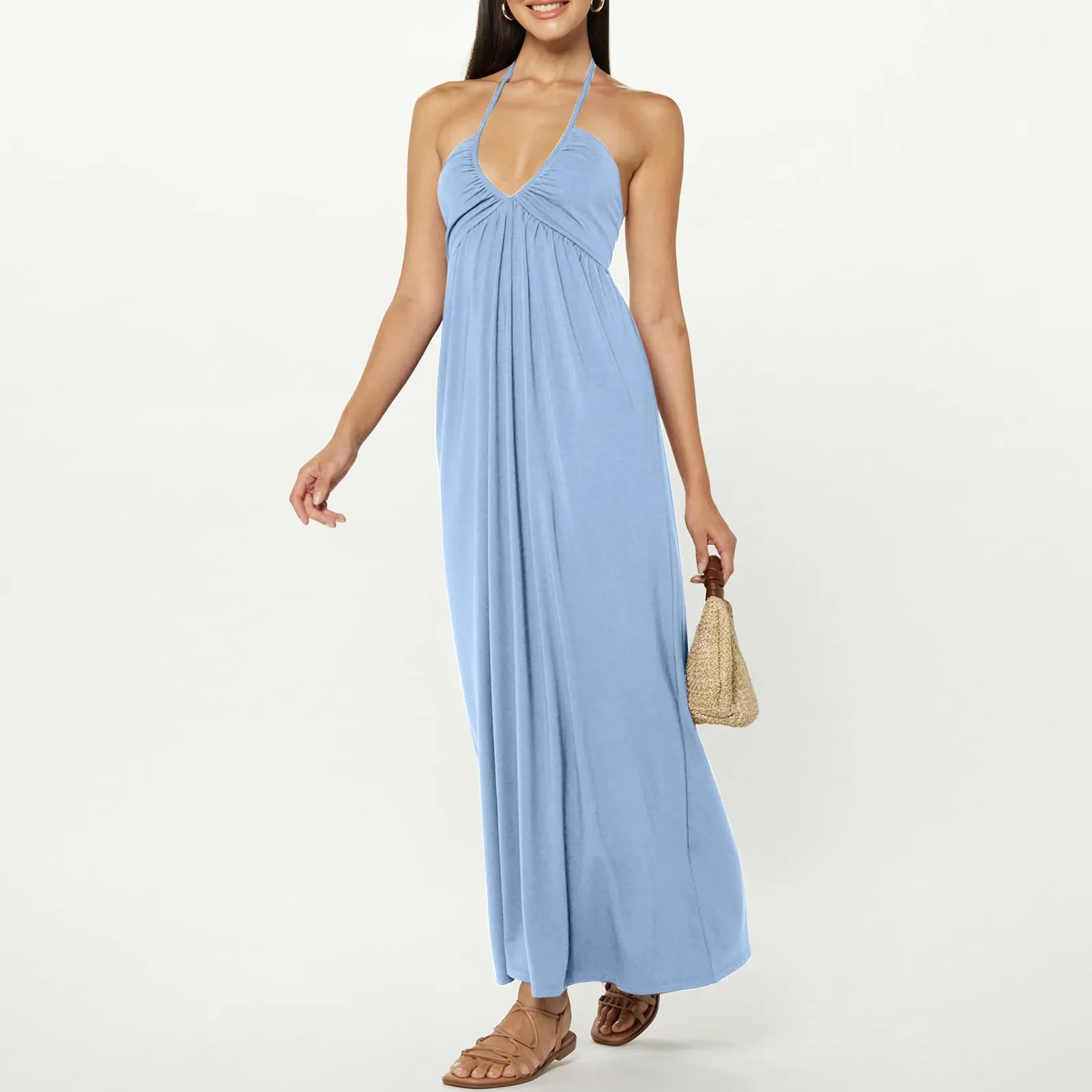 

Halter Neck Maxi Dresses Women Summer Outfits Sexy Sleeveless Backless Flowy Plead Long Dress Female Comfort Casual Dresses