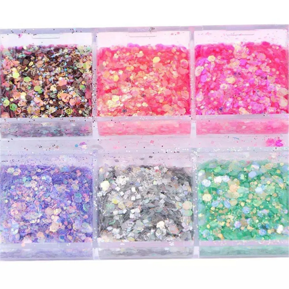 12Grids/Box Gradient Mermaid Glitter Flakes for Nails Hexagon Sequins Mix Powder 3D Manicure Nail Art Paillettes Decoration Tips