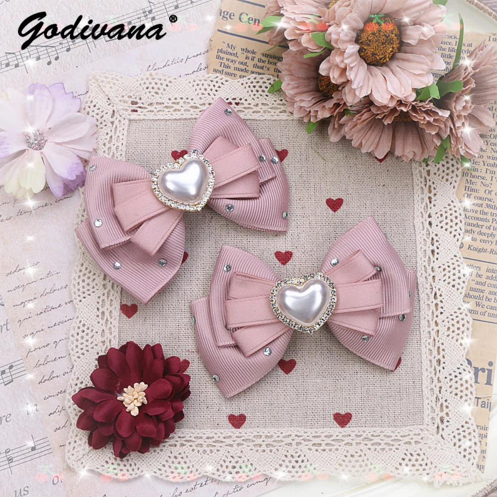 Lolita Japanese Style Headwear Sweet and Cute Girl Hot Rhinestone Pearl Heart Bow Barrettes Side Clip Hair Accessories Tiaras hand made japanese crossbody pearl rhinestone bow mobile phone charm girl lolita mobile phone ornaments bag accessories