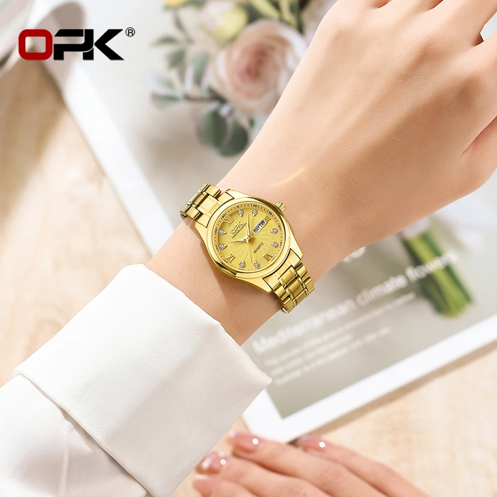 OPK 8103 Elegant Women's Watch Luxury Brand Stainless Steel Waterproof Watch Double Calendar Diamond Business Women Quartz Watch 3