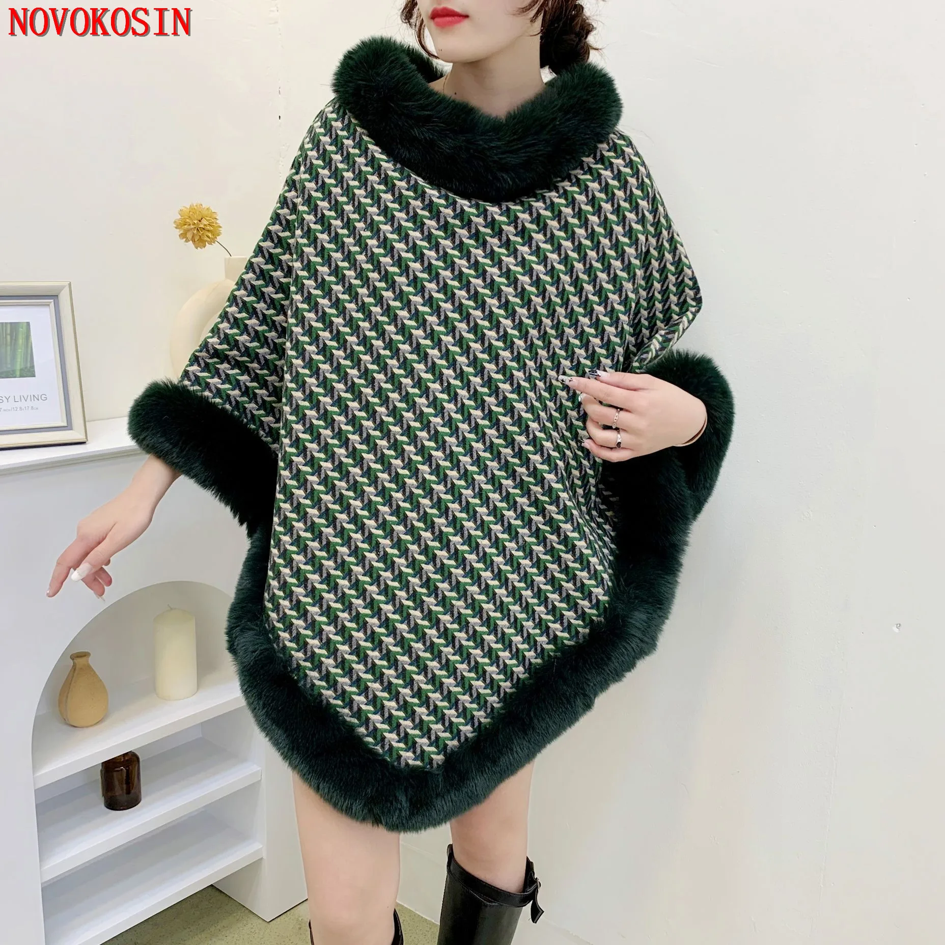 6 Colors 2022 New Plaid Shawl Cloak Winter Velvet Thick Warm Pullover Streetwear Faux Rabbit Fur Women Loose Poncho Coat