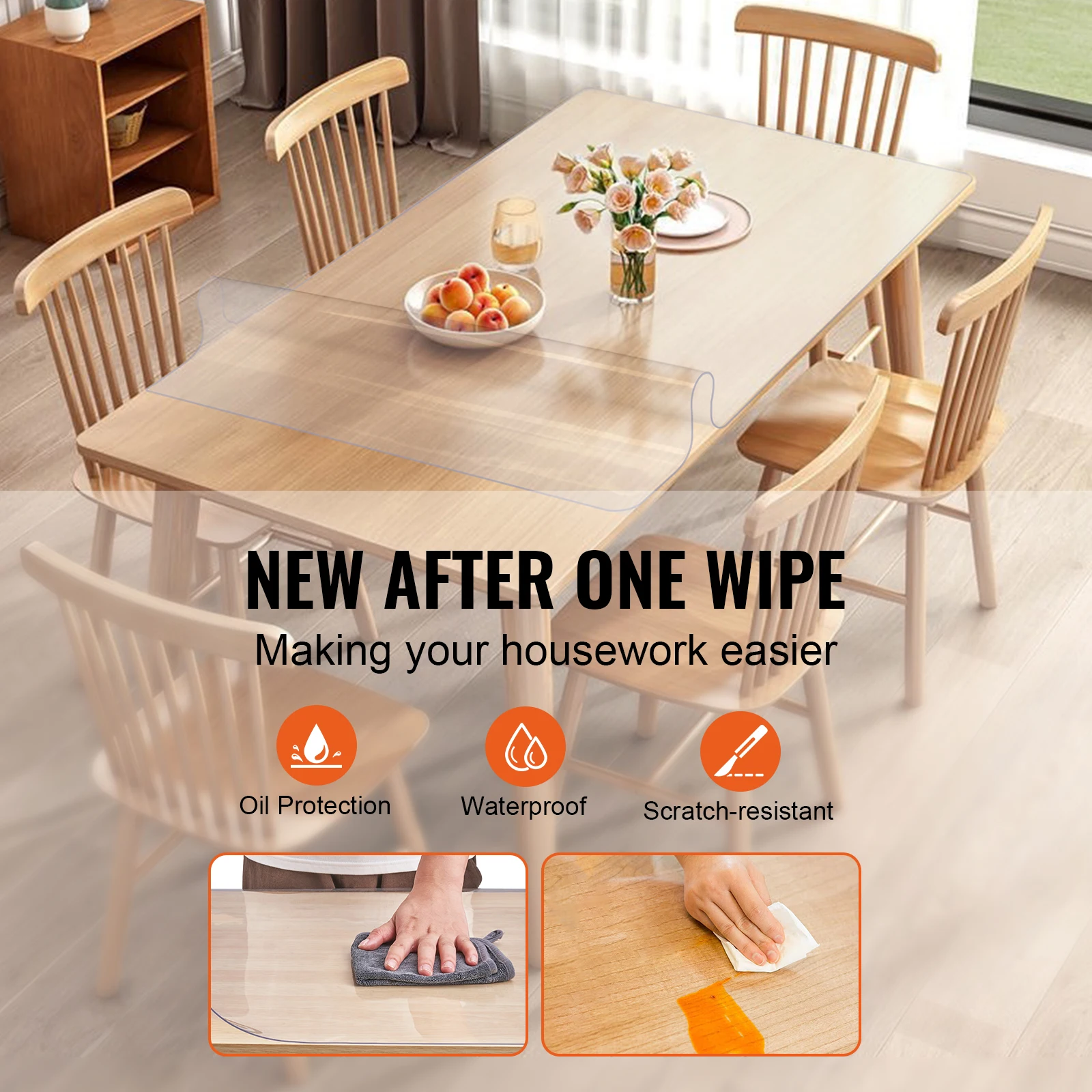 SucceBuy PVC Tablecloth Transparent Table Cloth 1.5mm Waterproof Kitchen Oil-Proof Table Mat Plastic Soft Glass Protector Cover 4