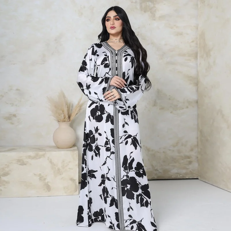 2023 Muslim Abayas for Women Dubai Black & White Print Robe Femme Musulman Middle East Arab Islamic Loose Women's Dress