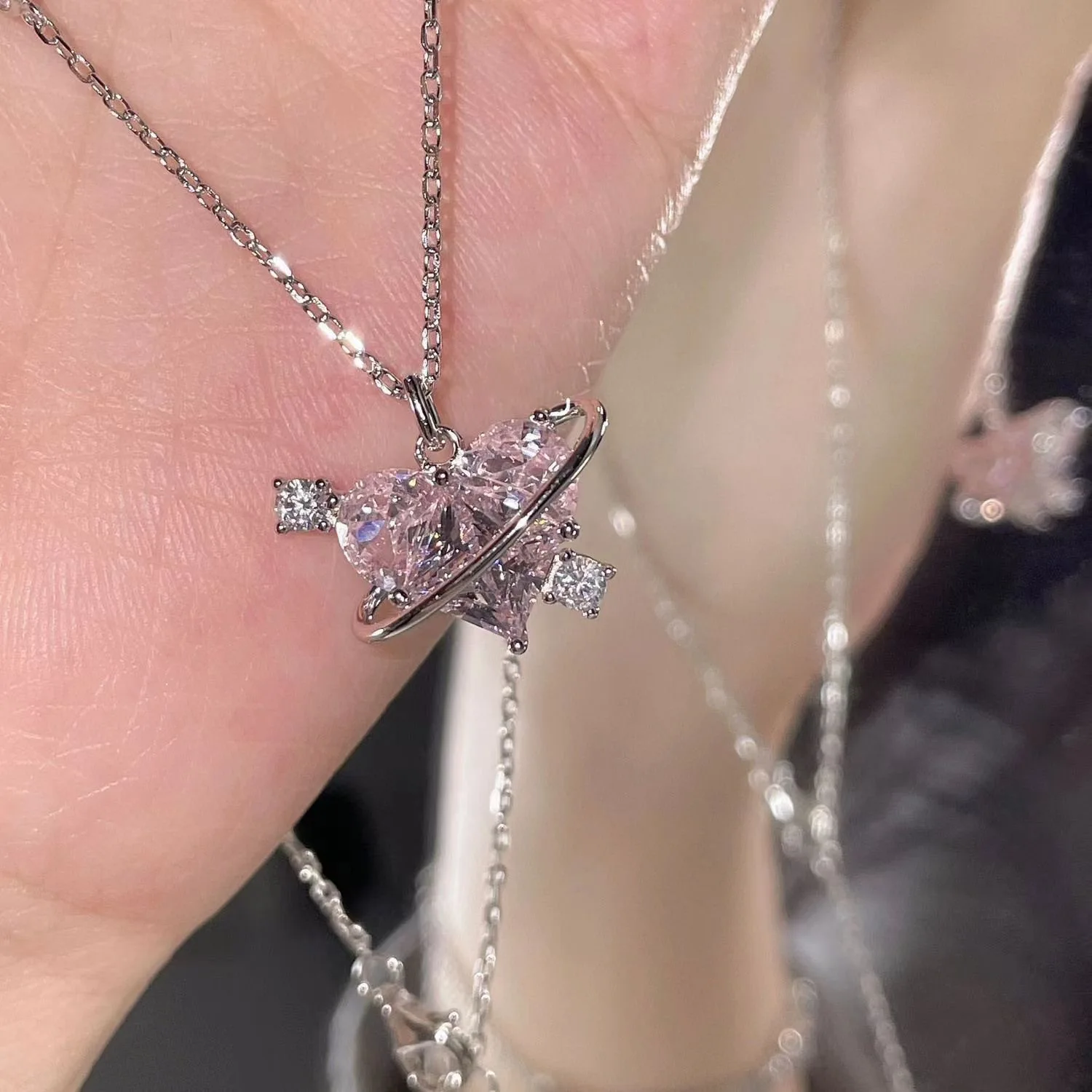 Kpop Love Heart Silver Necklace For Women Elegant Fashion Punk Party Pendant Chain Birthday Gift Sweet Accessories Charm Jewelry