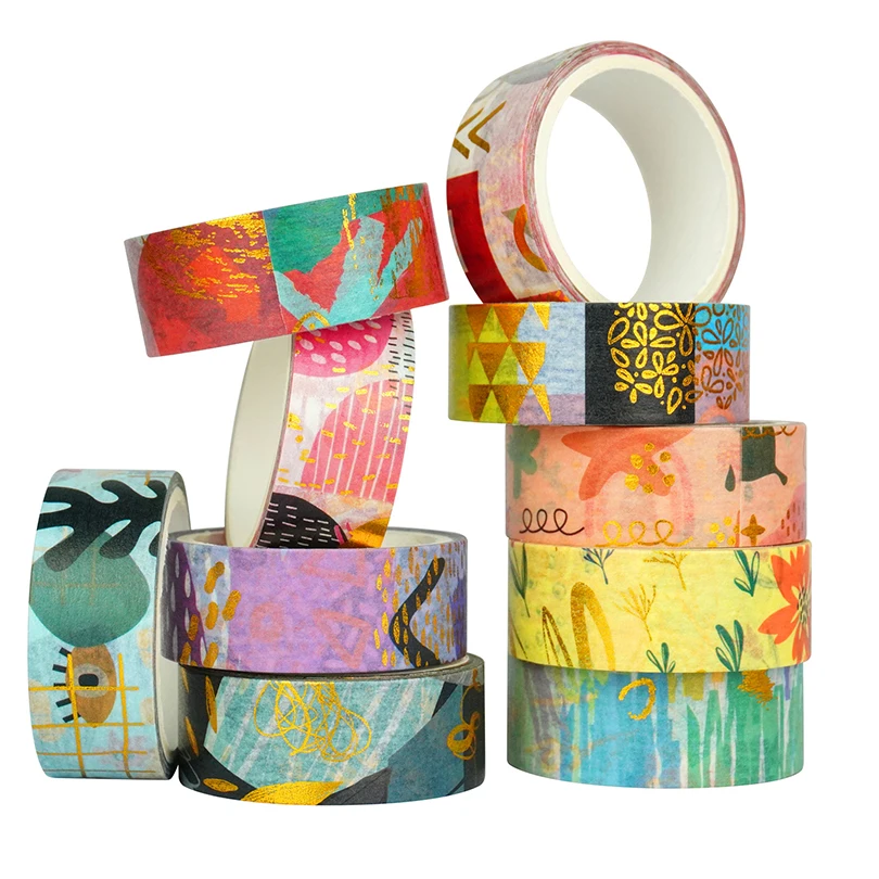 10Pcs Geometry Washi Tapes Stationery Masking Tape Scrapbook Gold Foil Decorative Adhesive Tape Journal Supplies Washi Tape Set 2
