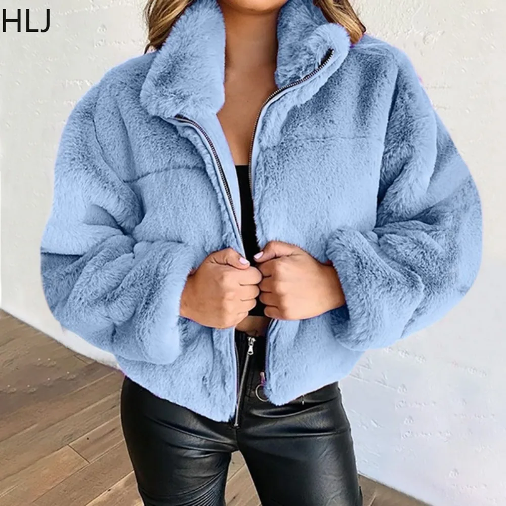 HLJ Fashion Streetwear Women Fur Zipper Long Sleeve Thick Crop Top Women Solid Color Loose Faux Fur Coats Female Matching Jacket