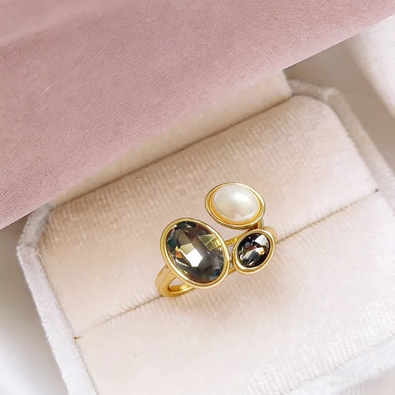 2026 Neuer Gotischer Grauer Elliptischer Kristall-Metall-Offener Ring für Damen Modischer Luxus-Schmuck Hochzeitsgeschenk Zeigefinger-Accessoire – Detail 3