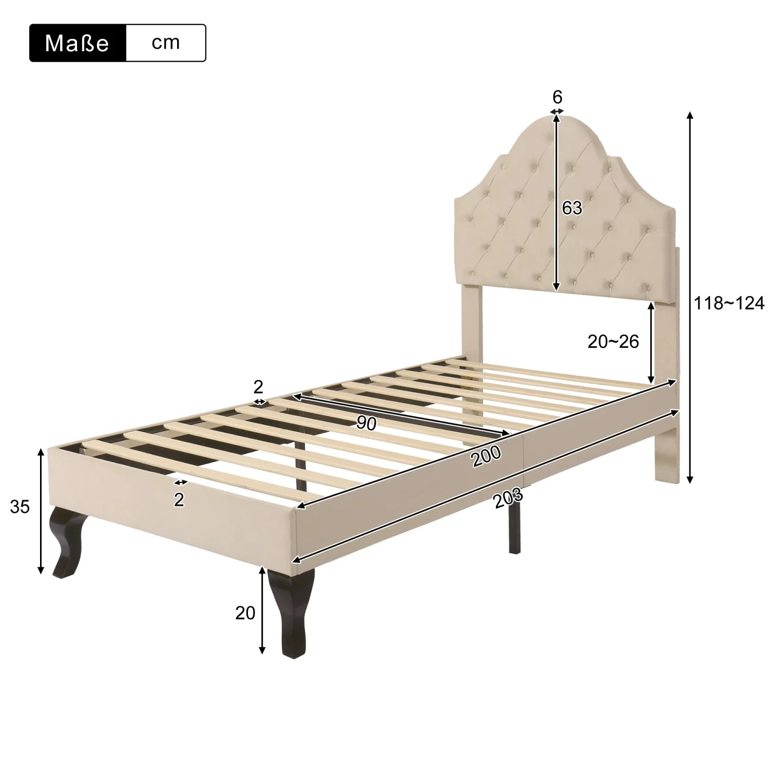 90 x 200 cm großes Polsterbett mit Lattenrost und verstellbarem Kopfteil, Jugend-Einzelbett aus Holz mit Samt für Schlafzimmer – Detail 8