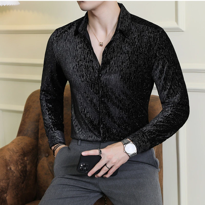 용수철 남성용 긴팔 셔츠, 슬림핏 프린트 캐주얼 블라우스, 편안한 브랜드 의류, 4XL-M, 신상 품질