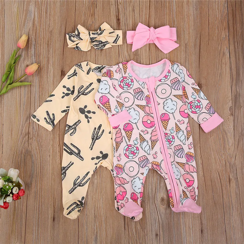 0-6months Baby Print Jumpsuit Long Sleeve Cactus Candy Print Long Pants Playsuit For Infant Boys And Girls Wrap Foot Romper