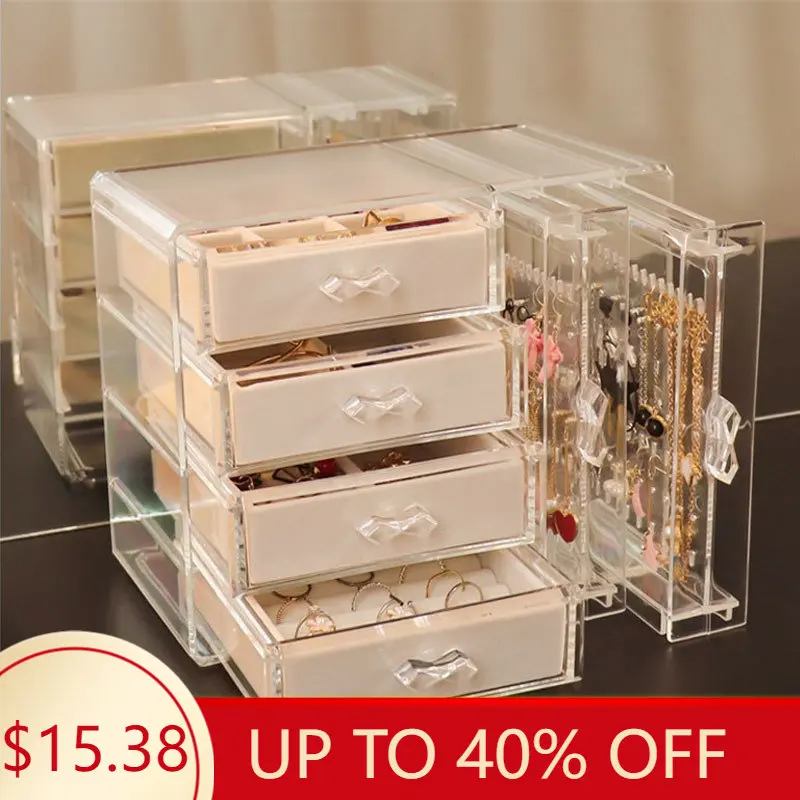 Clear Acrylic Jewelry Box with 4 Drawers Velvet Jewellery Organizer for Women Earring Holder Rings Case Necklaces Bracelets