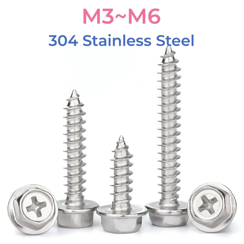 304 Stainless Steel Cross Hex Self-Tapping Screw M3 M4 M5 M6 Phillips External Hex Flange Cross Head Screws Wood Nail