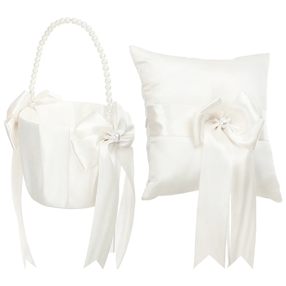 

1 Set Rose Petals Basket Pearl Flower Basket Ring Pillow for Wedding Ceremony