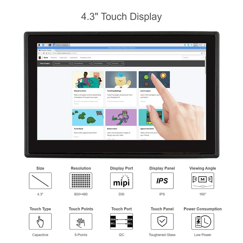 Waveshare 4.3 ġ DSI LCD ÷ 󽺺  4B, 800X480 뷮  ġ ũ MIPI DSI ÷