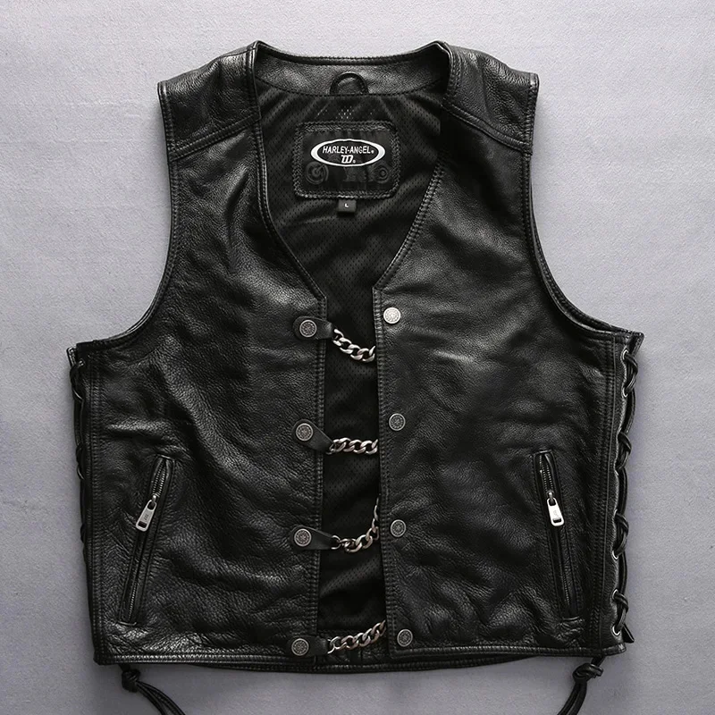 

DHL Free Shipping 2024 NewStyle Male Vest Genuine Leather Motorcycle Rider Chain Thick Sleeveless Jacket