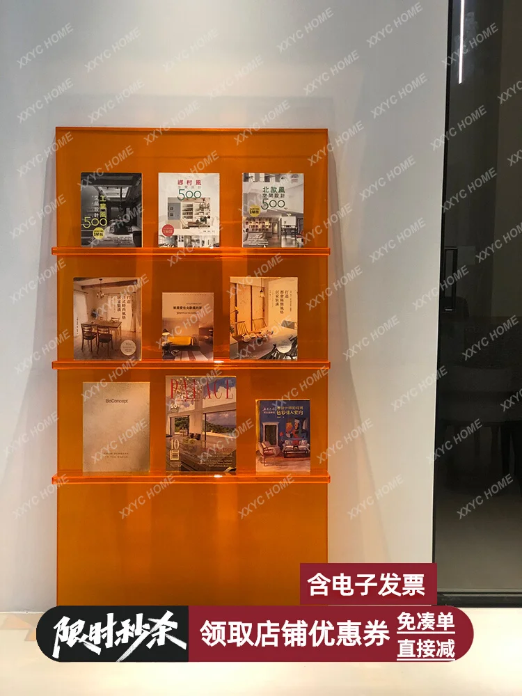 

Customization simple modern bookshelf against the wall, blue orange acrylic storage magazine stand, net celebrity clothing store