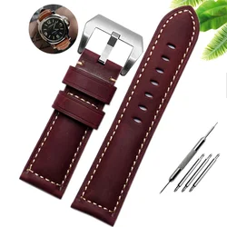 Premium Crazy Horse Leather Watch Band - Genuine Leather Strap - 26mm (B - Red wine - silver)