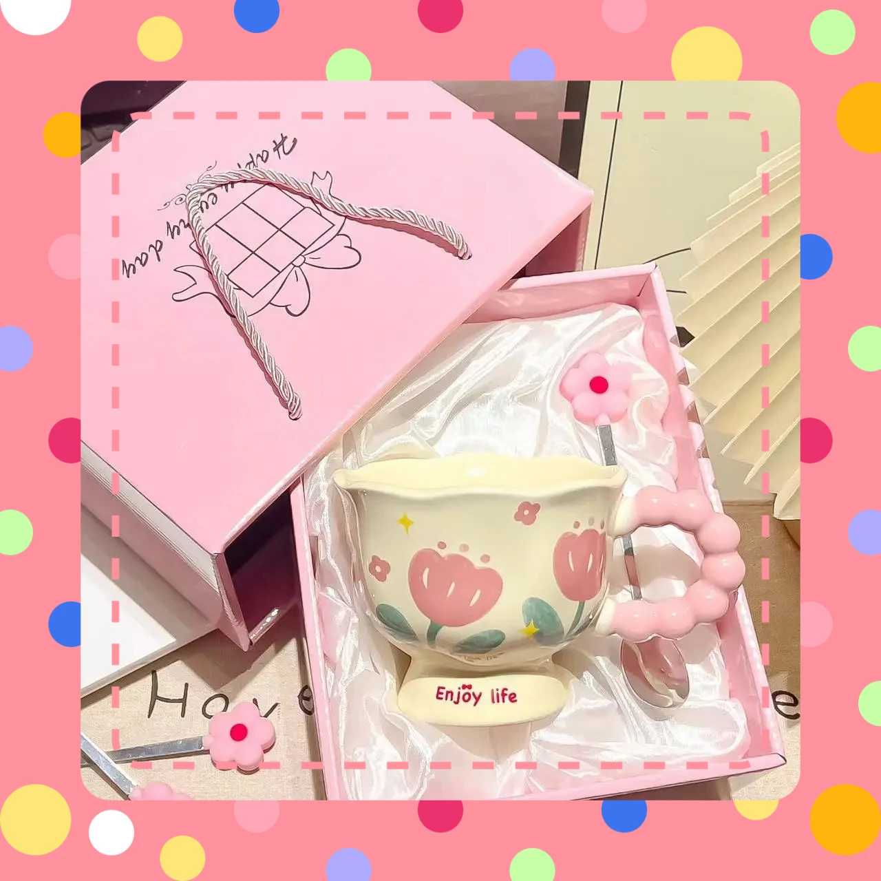 Flower Design Ceramic Coffee Mug with Spoon - أكوا...